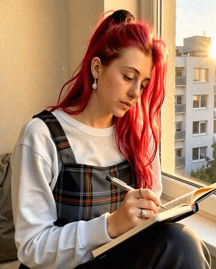 Emma-Jane MacKinnon-Lee writing near the window